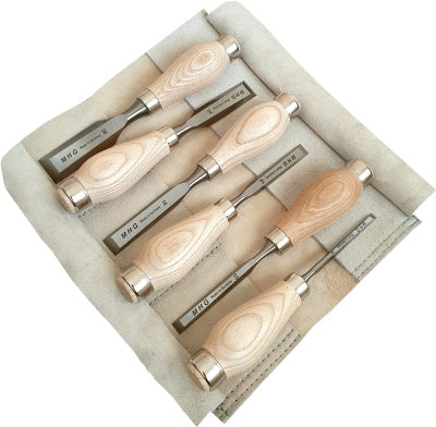MHG Premium Short Chisel 6 Piece Set: Oiled Ash Handle with Striking Ferrule - in Leather Roll Bag.