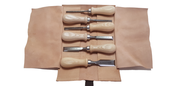 MHG Premium Short Chisel 6 Piece Set: Oiled Ash Handle - in Leather Roll Bag.