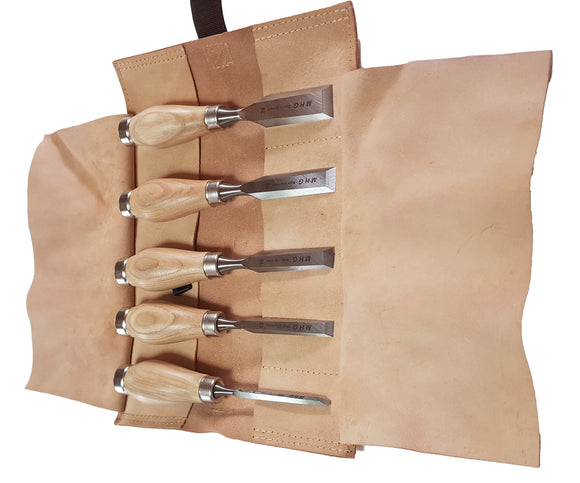 MHG Premium Short Chisel 5 Piece Set: Oiled Ash Handle with Striking Ferrule - in Leather Roll Bag.