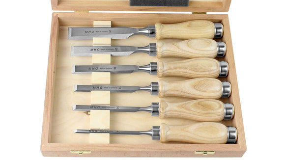 MHG Premium Chisel Standard Length:  6 Piece Set with Oiled Ash Handle- in Wooden Box