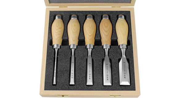MHG Premium Short Chisel 5 Piece Set:  Oiled Ash Handle with Striking Ferrule - in Wooden Box.